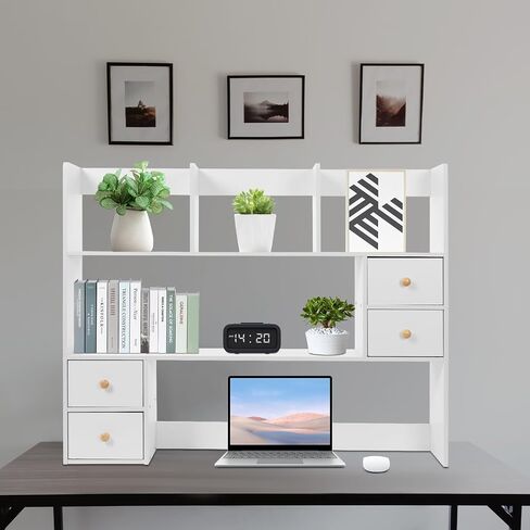 Desk Hutch, Desktop Hutch with 8 Shelves & 4 Drawers, Vanity Desk with Hutch Top Only, Extendable Small Desk Shelf for Top of Desk, Desktop Bookcase Bookshelf for Home Office in Saudi Arabia