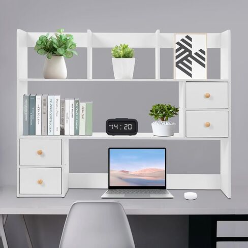 Desk Hutch, Desktop Hutch with 8 Shelves & 4 Drawers, Vanity Desk with Hutch Top Only, Extendable Small Desk Shelf for Top of Desk, Desktop Bookcase Bookshelf for Home Office in Saudi Arabia