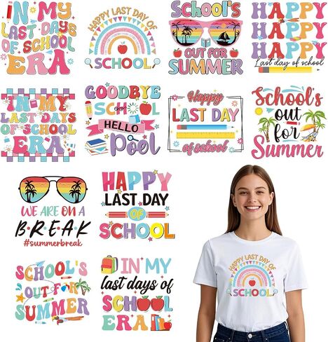 Dtf Transfers Ready to Press - 12Pcs Last Day of School Iron on Transfers for Tshirts, End of School Year Iron on Decals Patches, Summer Heat Transfer for Teacher Students Clothes Backpack in Kuwait