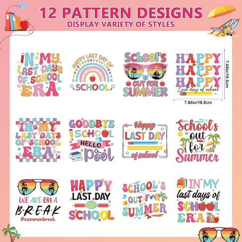 Dtf Transfers Ready to Press - 12Pcs Last Day of School Iron on Transfers for Tshirts, End of School Year Iron on Decals Patches, Summer Heat Transfer for Teacher Students Clothes Backpack in Kuwait