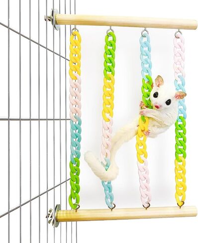 Sugar Glider Climbing Toys, Natural Wood with Sturdy Colorful Chains Hanging Toys Sugar Glider Cage Accessories, Wobble-Free Rat Enrichment Toys for Small Animals and Parrots (1pc) in Kuwait