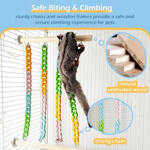 Sugar Glider Climbing Toys, Natural Wood with Sturdy Colorful Chains Hanging Toys Sugar Glider Cage Accessories, Wobble-Free Rat Enrichment Toys for Small Animals and Parrots (1pc) in Kuwait