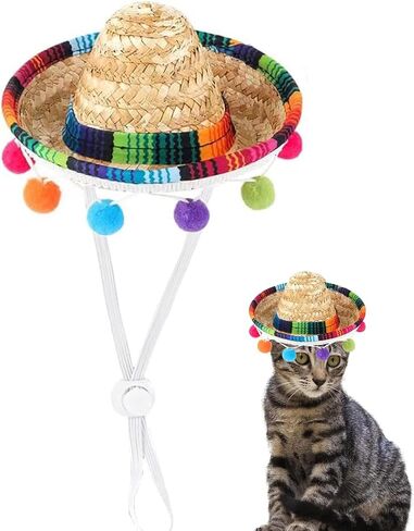 Pet Mexican Hat, Colorful Bobble Ball Tassel, Adjustable Design, Comfortable and Fashionable Dress for Small and Medium-Sized Pets. (Yellow) in Kuwait