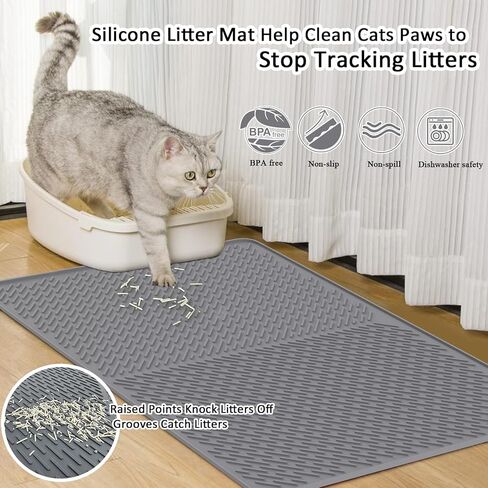 Cat Mat for Litter Box, 28"x20" Cat Litter Mat, Waterproof Litter Trapping Catcher Food Grade Silicone Pad for Floor, Gray in Kuwait
