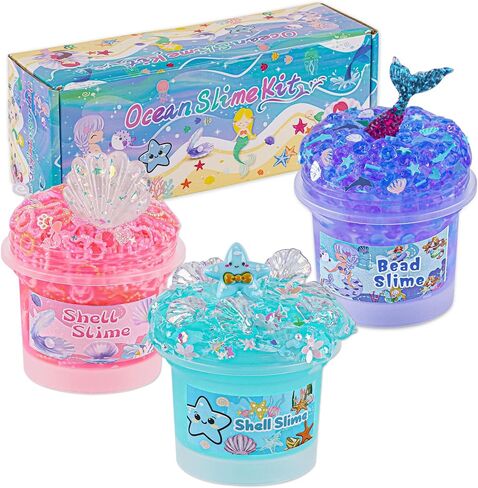 3 x 100mL Ocean Slime Kit for Girls & Boys: Mermaid Bead, Pink Crunchy & Blue Clear Slime, Sensory Experience DIY Slimes Set, Slimes Party Favors for Kids Birthday Easter Halloween Teens Gift in Saudi Arabia