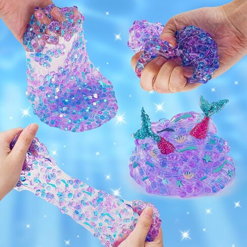 3 x 100mL Ocean Slime Kit for Girls & Boys: Mermaid Bead, Pink Crunchy & Blue Clear Slime, Sensory Experience DIY Slimes Set, Slimes Party Favors for Kids Birthday Easter Halloween Teens Gift in Saudi Arabia