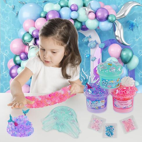 3 x 100mL Ocean Slime Kit for Girls & Boys: Mermaid Bead, Pink Crunchy & Blue Clear Slime, Sensory Experience DIY Slimes Set, Slimes Party Favors for Kids Birthday Easter Halloween Teens Gift in Saudi Arabia