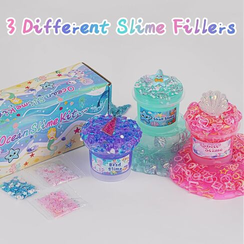 3 x 100mL Ocean Slime Kit for Girls & Boys: Mermaid Bead, Pink Crunchy & Blue Clear Slime, Sensory Experience DIY Slimes Set, Slimes Party Favors for Kids Birthday Easter Halloween Teens Gift in Saudi Arabia