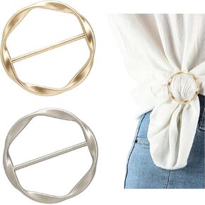 2PCS Silk Scarf Ring Clip for Women T-shirt Tie Clips Clothing Ring Wrap Holder Fashion Round Circle Clip Belt Buckle (Gold+Silver)