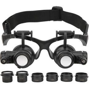Jewelry Magnifying Glass Jewelry Binocular Magnifying Glass with 2 LED Light + 8 Interchangeable Lens 10X 15X 20X 25X for Watch Repair, Magnifier