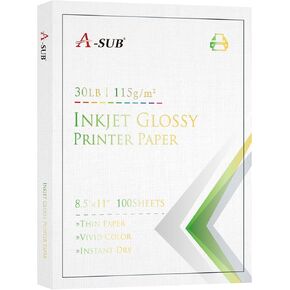 A-SUB Inkjet Glossy Thin Printer Paper 8.5 x 11 Inch 30lb for DIY Chip Bags Flyers for Inkjet Printers Dye Ink Single-Side Print 100 Sheets 115GSM