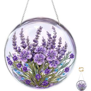 Eiflow DIY Hanging Diamond Art Kit Purple Flower, Acrylic Diamonds Painting Pendant Board Kit, 5D Gem Art Ornament Kit for Adults, Double Sided(9.4x9.4inch)