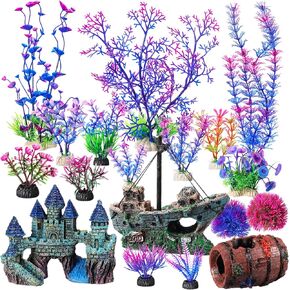 Zeyune 18 Pcs Aquarium Decorations Kit Fish Tank Decorations Set Small Resin Castle Sunken Ship Starfish Barrel Artificial Aquarium Plants for Fish Bowl