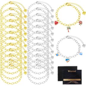 24pcs 6.3 بوصة أسوار سلسلة Kit 18K ذهبية مطلية سوار سلاسل سحر Stainels سحر الفولاذ مع سلسلة موسع القلب جراد البحر للنساء لصنع سوار المجوهرات