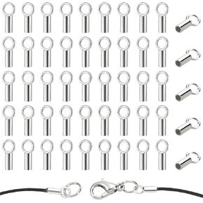 PH PandaHall 50pcs 925 Sterling Silver Cord End Caps Leather Cord Crimp End Caps Barrel with Loop for 1.2mm Leather Bead Cord Wire Thread, Crimp Ends for Necklace Jewelry Making