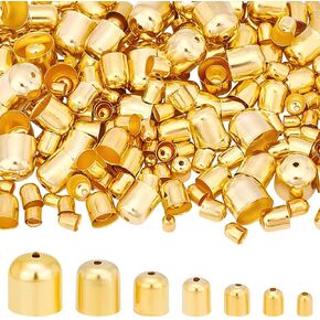 AHALHMaker 345pcs نهايات الأطراف ، 7 أحجام من الأعمدة أغطية نهاية الأنبوب حبات حبل جلدي نهايات حبل حبة لسيارة سوار قلادة DIY صنع مجوهرات مجوهرات ، ذهبية