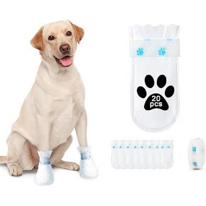 Disposable Waterproof Dog Boots for Paw Protection, 20 Pcs Pet Shoes with Adjustable Self-Adhesive Bandage, Dog Disposable Foot Covers for Outdoor & Indoor Walking (M)