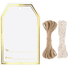 علامات هدايا G2Plus مع سلسلة ، علامة اسم هدية Gold Foil ، 100pcs من وإلى العلامات ، علامة تعليق ورق بيضاء قابلة للكتابة للتغليف الحالي ، حفل زفاف