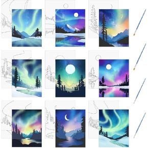 قماشية مسبقة ، 9 PCS Forest Aurora Prebred Canvas Papers Scenery Pre Drawing Canvas DIY جاهزة للطلاء مع 4 فرش من الهدايا الرسم