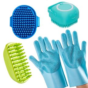 طقم أليف مطاطي من 4 قطع للكلاب والقطط - قفازات deshedding اللطيفة والقفازات ، مناسبة للشعر القصير والطويل ، والاستحمام والسقيفة （3 * الأزرق+الأخضر）