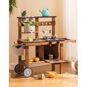 Robud Mud Kitchen للأطفال في الهواء الطلق مع عجلات ، ومطبخ خشبي في الهواء الطلق ، ومطبخ الطين للأطفال مع الحوض والبوران القابل للإزالة ، وألعاب Monteeori للأطفال الذين تتراوح أعمارهم بين 3 سنوات ، WG403