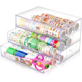 3 درج Washi Tape Organizer البلاستيك Washi Storage Storage Cube Organizer Box 10 "× 7" × 6.8 "حامل درج تخزين كبير واضح للفنون الحرف الفنية مكياج المجوهرات