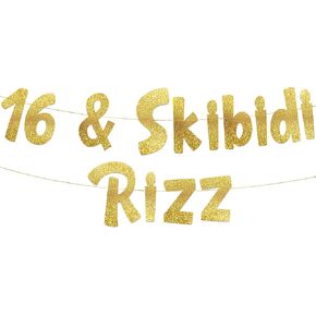 16 & Skibidi Rizz Gold Glitter Banner - لوازم حفلات عيد الميلاد السادس عشر والأفكار والهدايا والزخارف