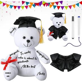2024 Graduation Signature Stuffed Animal Plush Bear in Graduation Hat and Gown White Smooth Fabric Stuffed Toy with 2 Marker Pens for Class of 2023 Graduation Day Gift DIY Custom Name and Year