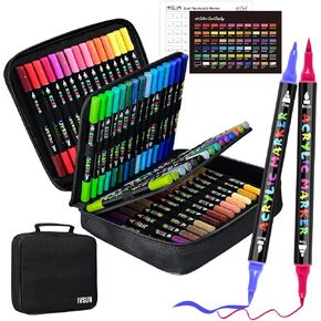 IVSUN Acrylic Paint Pens, 60 Colors Dual Tip Paint Markers with Fine Tip and Brush Tip for Stone, Wood, Canvas, Calligraphy, Ceramic, Metal, Glass, Rock Painting, DIY Crafts Art Supplies Kit