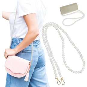 Pearl Chain Strap, 47" Imitation Pearl Bead Purse Strap Crossbody Bag Chain Replacement Pearl Handle Chains Accessories with Metal Buckles for Handbag Clutch Purse Phone Strap