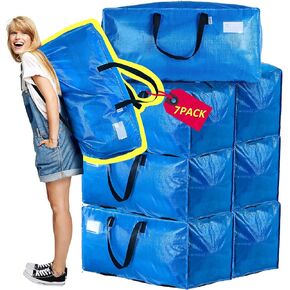 AlexHome Heavy Duty, Extra Large Packing Bags - Reusable Plastic Moving Totes, Clothes Storage Containers - Compatible with Ikea Frakta Cart (Blue, Set of 7)