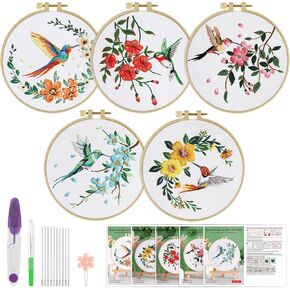 ERKOON 5 Sets Embroidery Kit for Beginners,Hummingbird and Flower Cross Stitch Set for Include Embroidery Cloth Hoops Threads for Craft Lover Hand Stitch with Embroidery Skill Techniques