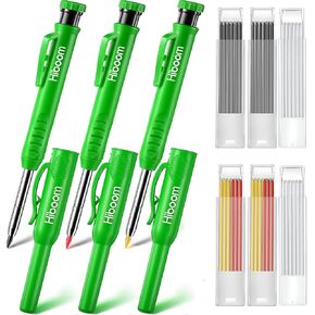 Hiboom 3 Pack Carpenter Pencils with 36 Refills (Red, Black, Yellow, Graphite) – 2.8 mm Heavy Duty Woodworking Marking Tool Built in Sharpener Ideal for Marking on Solid Long Nosed Deep Hole