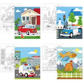 Rijeful 4 PCS CAR موضوع قماشية مسبقة للطلاء للأطفال Boys Girls ， 8 "× 10" قماش لطيف مسبقًا للأطفال ، مجموعة طلاء ألواح قماش للطلاء.