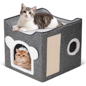 Cat Beds for Indoor Cats, Large Cat House Foldable Cat Cave with Scratch Pad and Hanging Fluffy Ball, Reversible Cushion Hideaway for Pet Cats, 16.5x16.5x13.2 inches, Dark Blue
