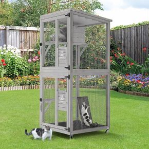 Dwvo Solid Wood Cat House Outdor Outdoor Catio Kitty lection على عجلات ، 71 "المشي في قفص القطط الكينيل الكبير مع منصات ، منحدر خدش القط ، سرير كبسولة الفضاء والفناء ، رمادي ، رمادي