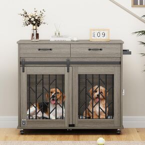 YITAHOME Dog Crate Furniture with Sliding Barn Door, 39" Wooden Dog Kennel Indoor with Storage Drawers, Double Dog Crate for 2 Small Medium Dogs, Grey