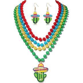 Cinco De Mayo Fiesta Necklaces Earrings Mexican Sombrero Cactus Charm Dangle Earrings Statement Layered Plastic Colored Beaded Necklace Fun Taco Tuesday Fiesta Party Costume Decoration for Mexican Festival Carnival Party