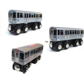 Muni Pals Munipals Wooden Chicago Transit Authority CTA L Subway Train Three (3) مجموعة سيارات برتقالية وردية اللون الأخضر