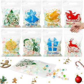 Zhanmai 200 Pcs Christmas Sealing Gift Bags Merry Christmas Candy Bag Resealable Christmas Clear Reindeer Goodie Bags with Handles for Xmas Holiday Party Candy Gift Wrapping Supplies Decor (Birght)