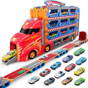 SYNCFUN Carrier Truck Race Track Toddler Toy - 8-FT Foldable 3 Layer Toy Truck with 12 Die-Cast Metal Racing Cars and Lights & Sounds Gift for 3 4 5 Years Old Boys and Girls-Blue