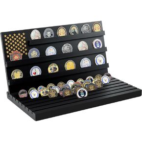 Challenge Coin Display 11 Rows Challenge Coin Holder Wooden Military Coin Rack Holds 95-106 Coins ，Military Coin Holder Display Black 16.9"x9.1"