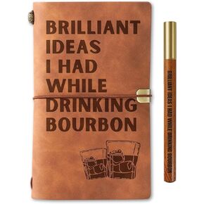 Bourbon gifts Leather Journal Notebook with Pen, for Whiskey Lovers, Men, Women on Birthday, Refillable Sketchbook, Travel Diary, Lined Planner, 7x5 Inches, Brown
