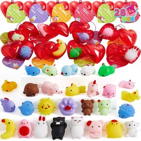 JOYIN 28 Packs Valentine Day Gift Cards with 28 Mochi Squishy Toys and Filled Hearts for Kids Valentine Classroom Exchange, Kawaii Stress Relief Toys School Gifts Exchange School Games Prizes