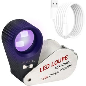مجوهرات مجوهرات مضيئة Loupe Magnifier 40x ، مجوهرات قابلة لإعادة الشحن Loupe قابلة للطي Machifier Led Loupe مع 6 Leds و UV Light للأحجار الكريمة ، المجوهرات ، العملات المعدنية ، الطوابع ، إلخ.
