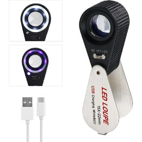 Loupe Machifier 15x mgnifie قابلة لإعادة الشحن مع LED و LED وضوء الأشعة فوق البنفسجية ، مكبّر الجيب القابل للطي ، ومكبر من المجوهرات المحمولة لعدسة ثلاثية 22 مم للمجوهرات ، والصخور ، والعملة المعدنية