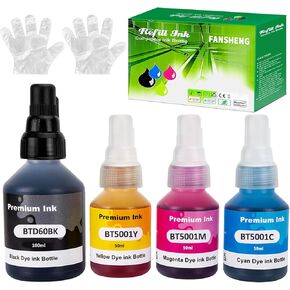 4 Ink Refill Bottles Kit BTD60 BK Negro - Color BT5001Y BT5001C BT5001M Compatibles HL-T4000DW DCP-T310 DCP-T510W DCP-T710W MFC-T810W MFC-T910DW MFC-T4500DW Printers.