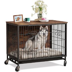 أثاث قفص الكلاب للكلاب المتوسطة ، 32.5 "L x 21.9" W × 25.2 "H بوصة داخلية مع أبواب مزدوجة ، عجلات وصينية قابلة للإزالة ، قفص كلب قوي مع مجموعة سهلة ، بني ريفي ،