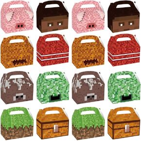 16 Pcs Pixel Theme Gift Box Bags, Pixel Miner Party Favors Decorations Gift Boxes Sandbox Family Goodie Paper Treat Boxes Pixel Party Supplies for Birthday