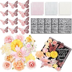 مجموعة زينة التخرج ، 35 PCS ، شملت زخارف CARD CAD CAD VAUX FLOWER HEADS 3D الفراشات الأبجدية ملصقات أحجار الرهان اللاصقة لفيلم GRART Party Art DIY (Pink)
